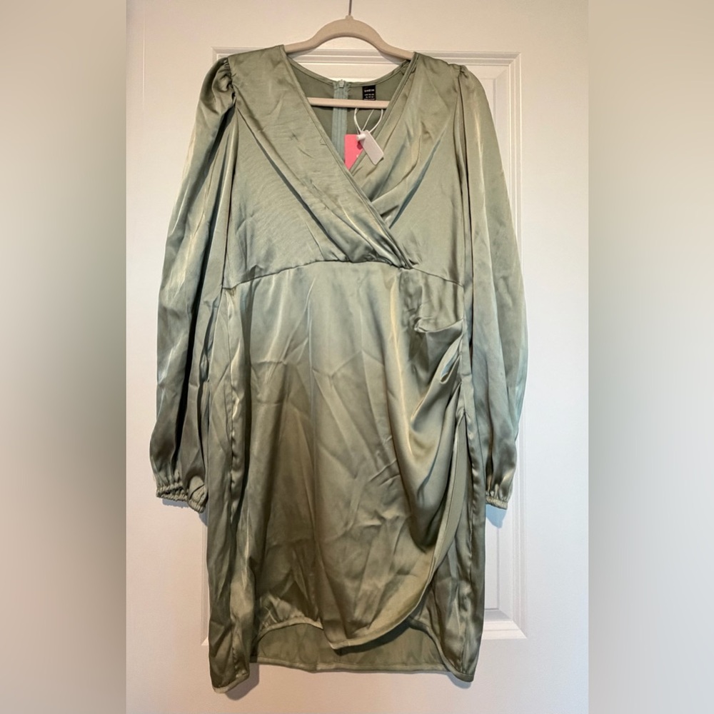 SHEIN Sage Green Satin Wrap-Style Dress